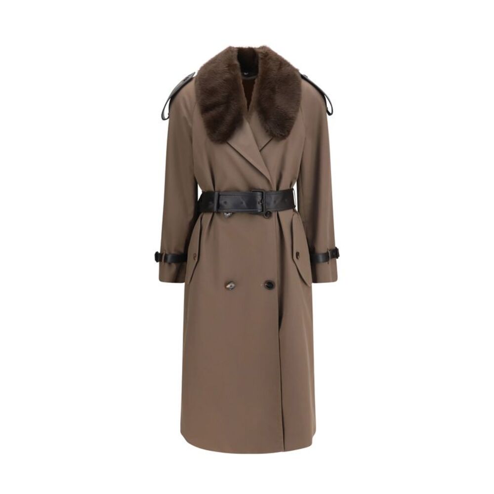Burberry Women Long Cotton Trench Coat With Buffalo Leather Collar